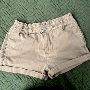 sage/ brown paperbag denim shorts